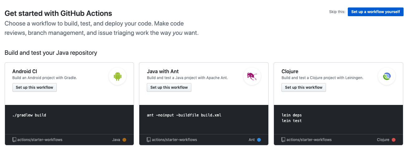 github actions workflows list