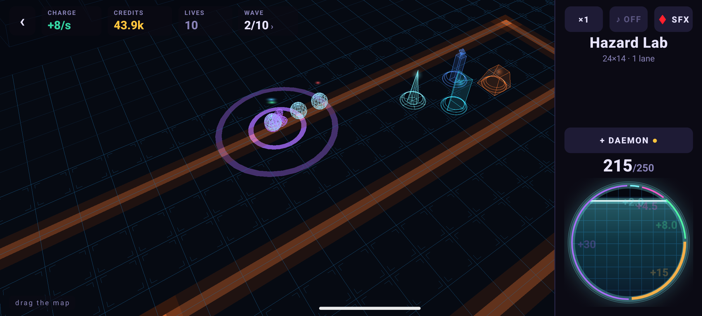Thumb & Pylon board, a neon tower defense grid