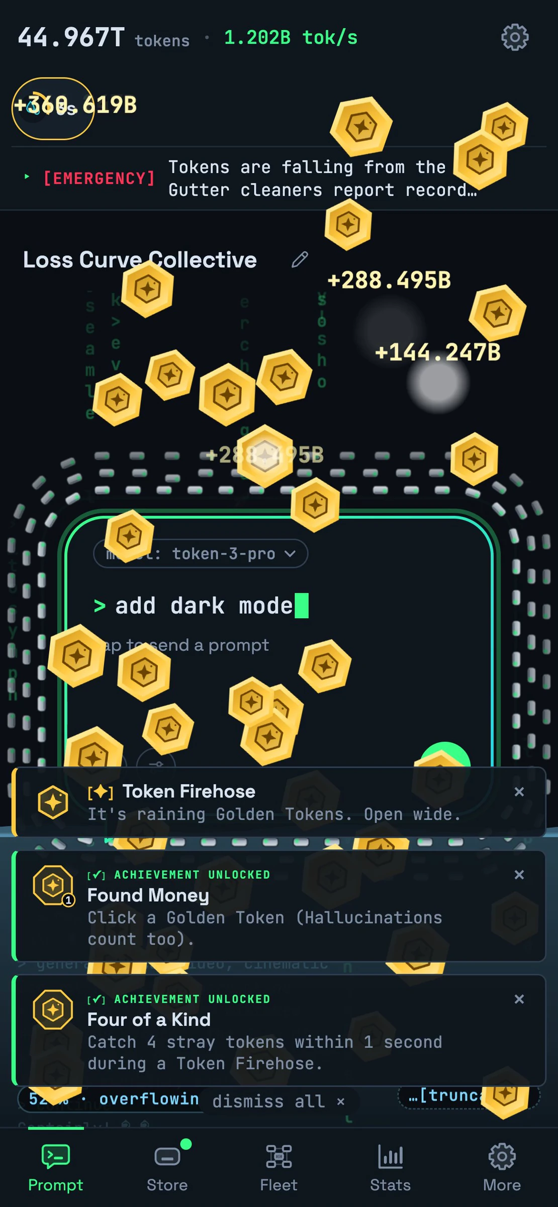 Token Clicker on a phone during a Token Firehose, Golden Tokens raining over the Prompt
