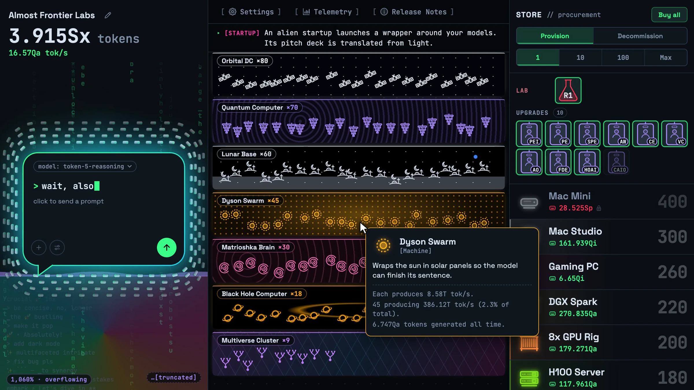 Token Clicker late game: a fleet of machines from orbital data centers to a Dyson Swarm, with the store on the right