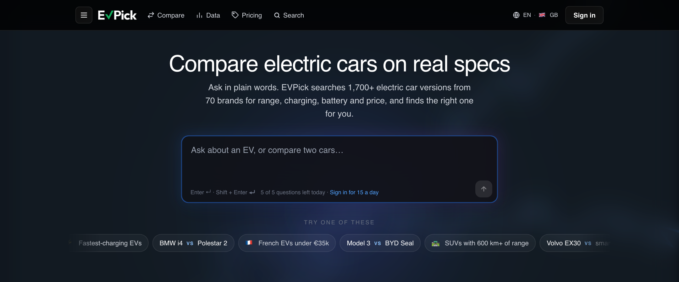 EVPick home page: Compare electric cars on real specs, with the question box and starter prompts